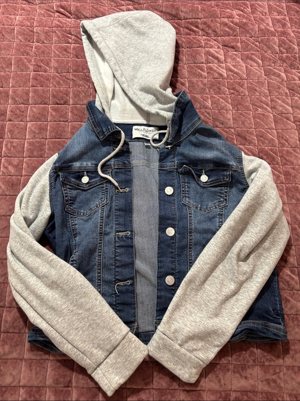 Wallflower Dark Blue Denim Jacket with Heather Gray Hoodie and Sleeves